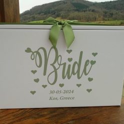 wedding dress box with sage green text